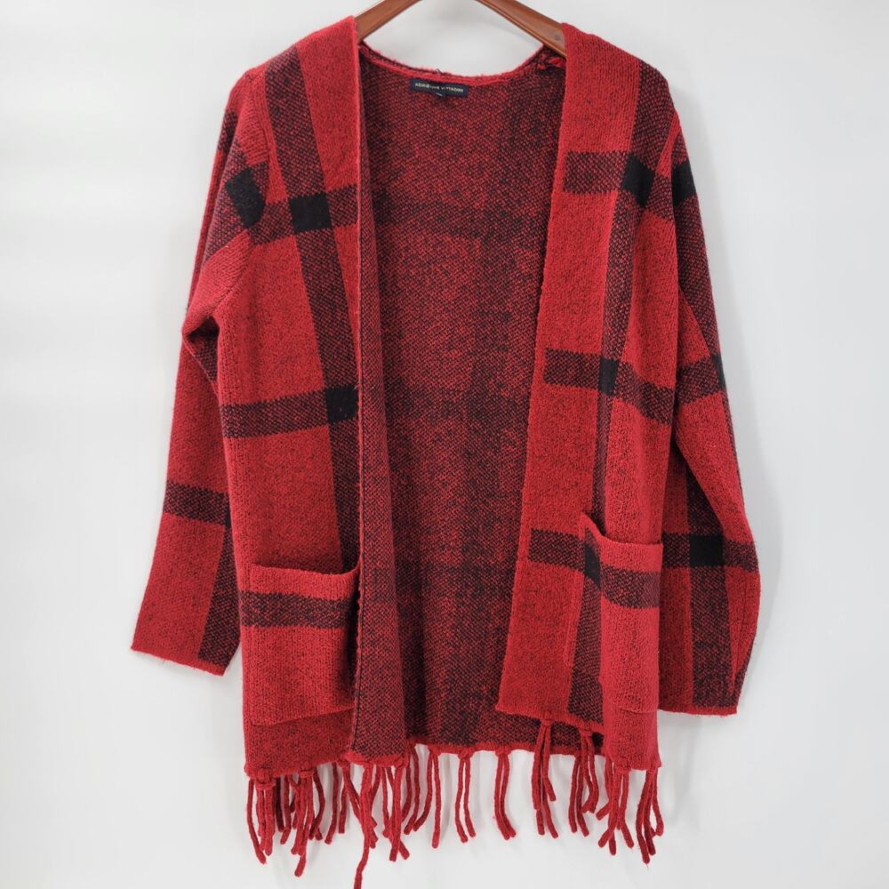 Adrienne Vittadini Womens Sweater Medium Red Plaid Cardigan Fringe Open Front
